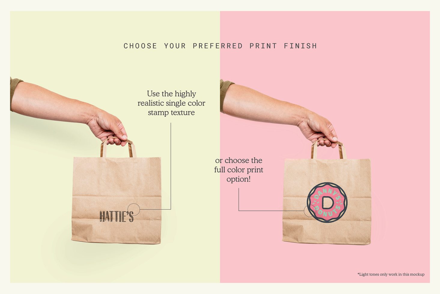 Paper bag mockup showing single color and full color print options for realistic branding presentation, perfect for designers creating packaging designs.